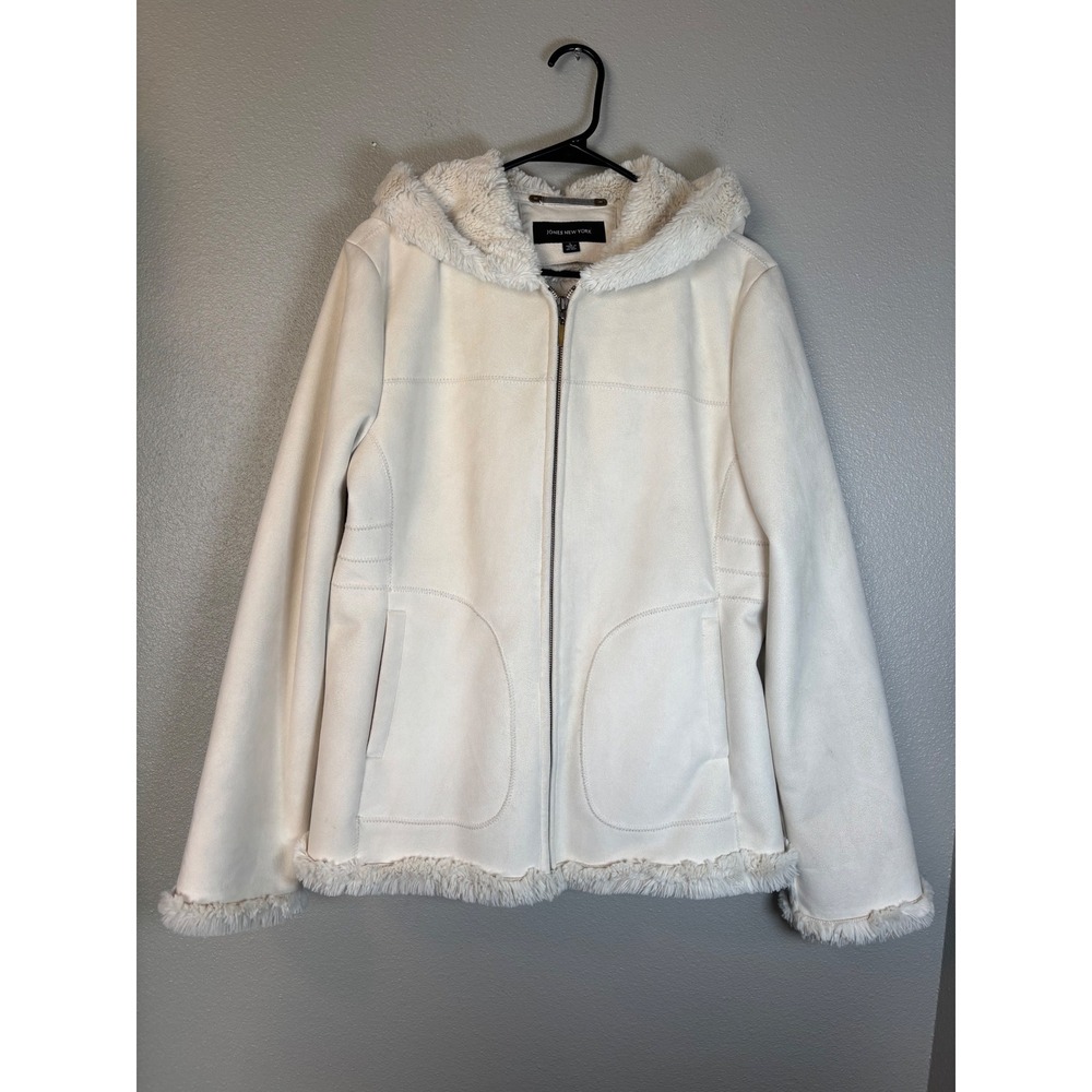 Jones New York‎ Women's Large Ivory Faux Suede Fur Lined Hooded Jacket Coat